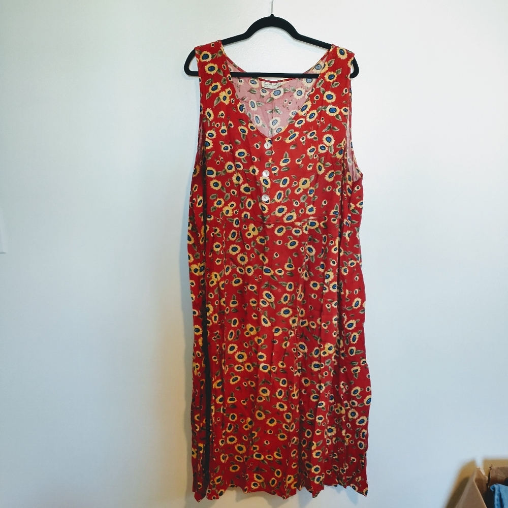 Impressions Y2K red floral midi dress.  Su flower pattern gives off kindergarten
